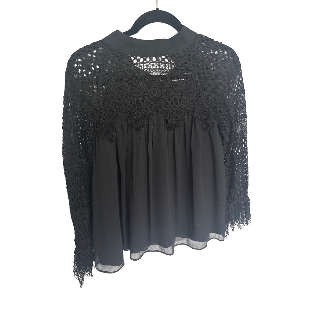 Stevie May Black Crochet Lace Long Sleeve Blouse Mock Neck Top Small whimsygoth